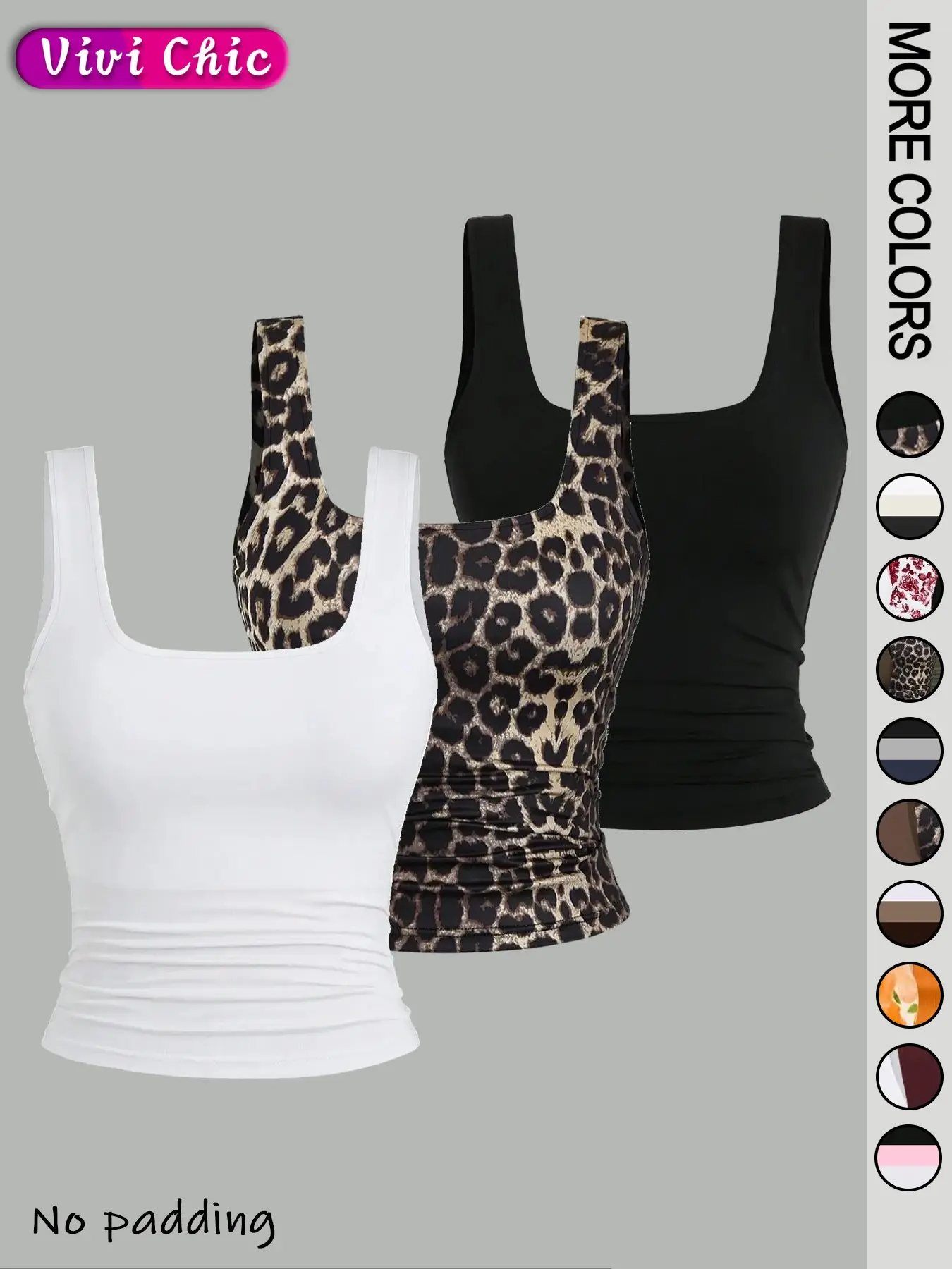 3PCS Women's Solid / Leopard Print Square Neck Tank Top, Casual Sleeveless Top for Daily Wear, Ladies Clothes for All Seasons