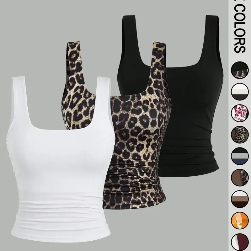 3PCS Women's Solid / Leopard Print Square Neck Knit Tank Top, Casual Sleeveless Top for Daily Wear, Ladies Clothes for All Seasons
