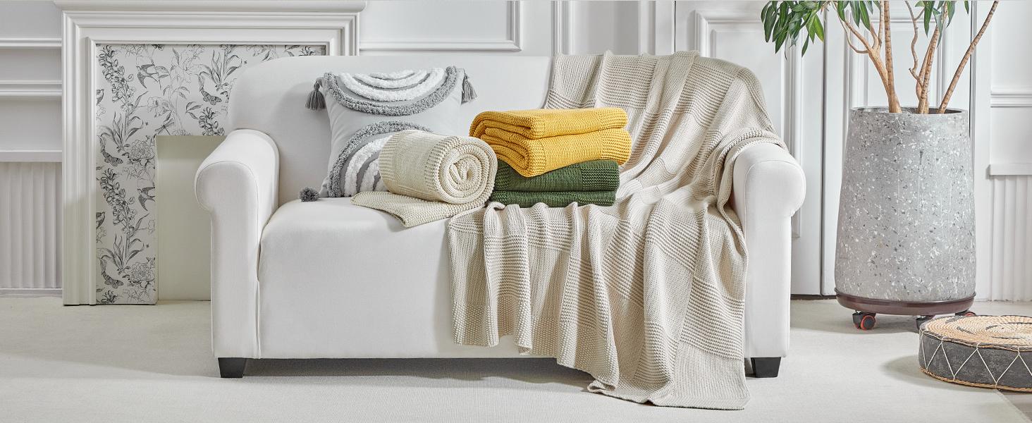 100% Cotton Chunky Cable Knit Throw Blanket for Sofa Couch Bed Baby Nursery, Farmhouse Chessboard Grid Woven Blanket with Bonus Laundering Bag, 51 x 63 Inches, Cream
