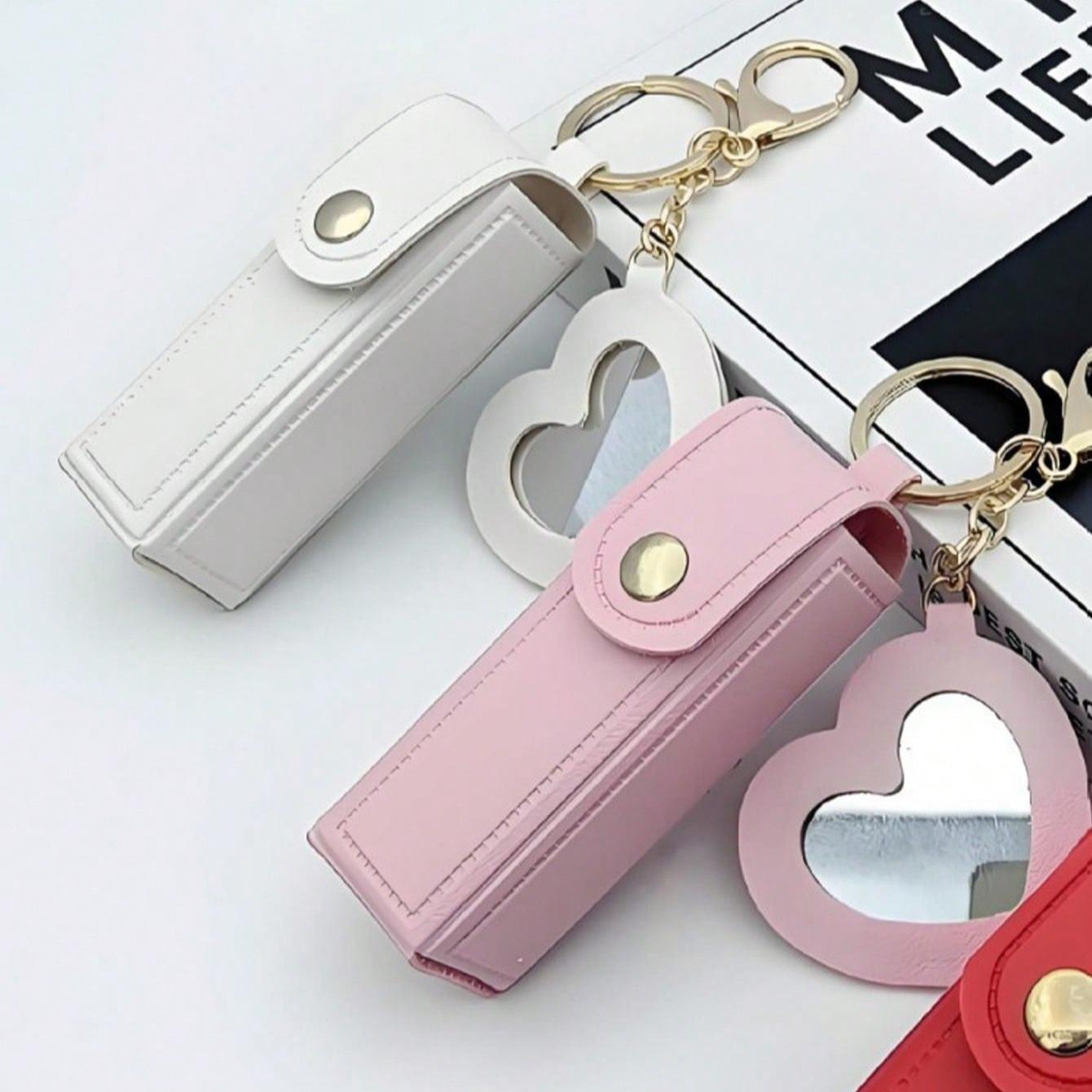 Heart-Shaped Mirror Lipstick Case Keychain Holder, Portable Pocket Makeup Stand, Travel Accessory, Gift for Family and Friends