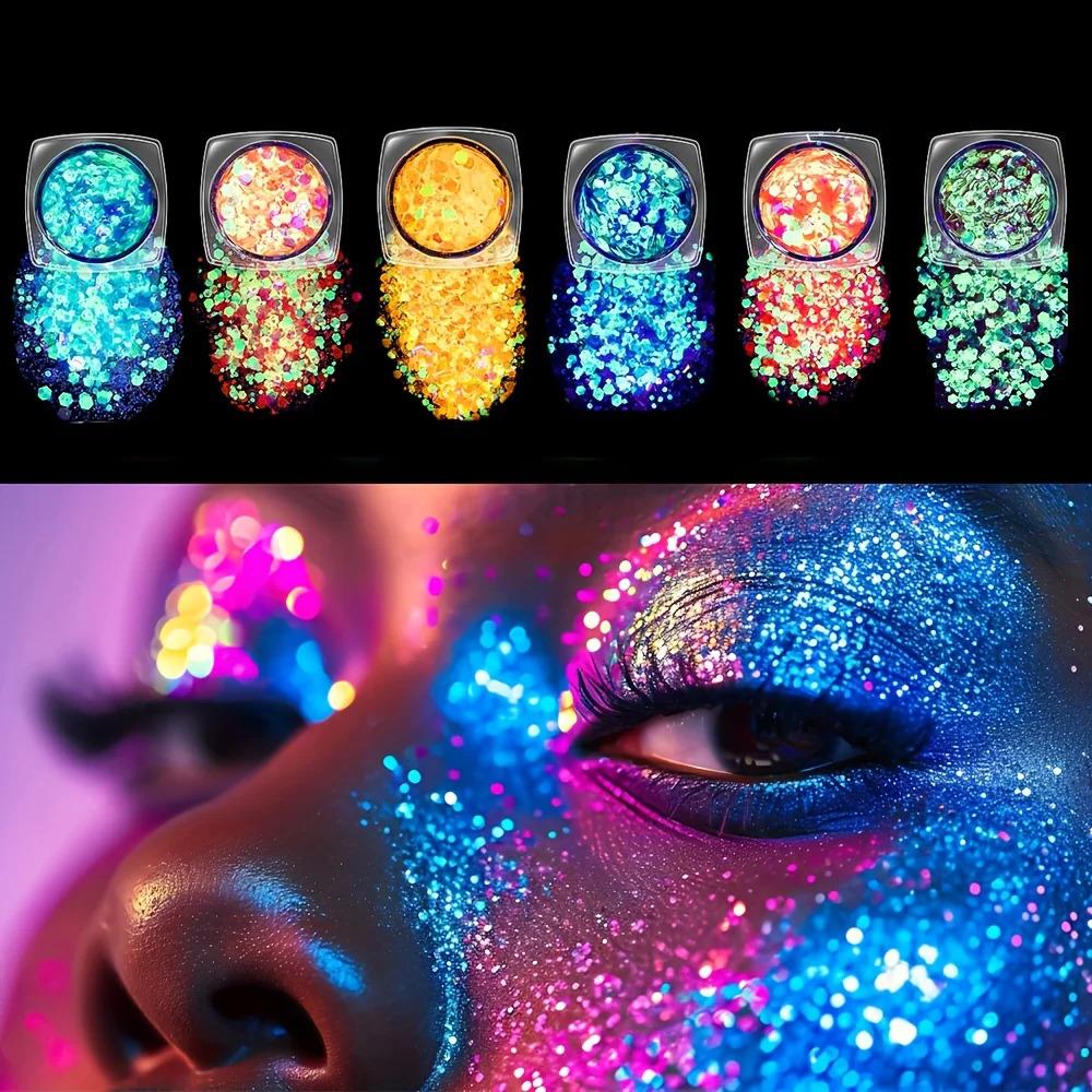 12pcs Water-Based Glow-in-the-Dark Glitter Gel Sequins Multi-Pack - Blacklight Glow Photobooth Props for Halloween Gatherings, Costume Events, Birthdays, Anniversaries, Easter Decorations