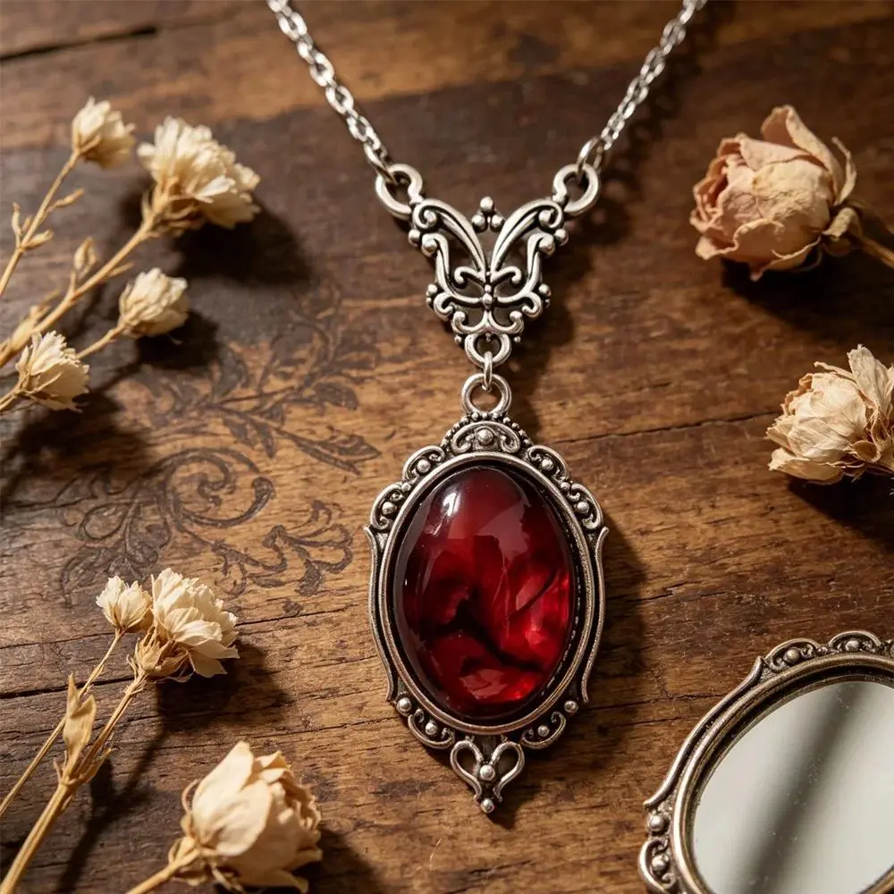 Gothic Blood Red Quartz Charm Necklace Butterfly Necklace For Women Vampire Embossed Witch Jewelry Accessories Vintage Chokers