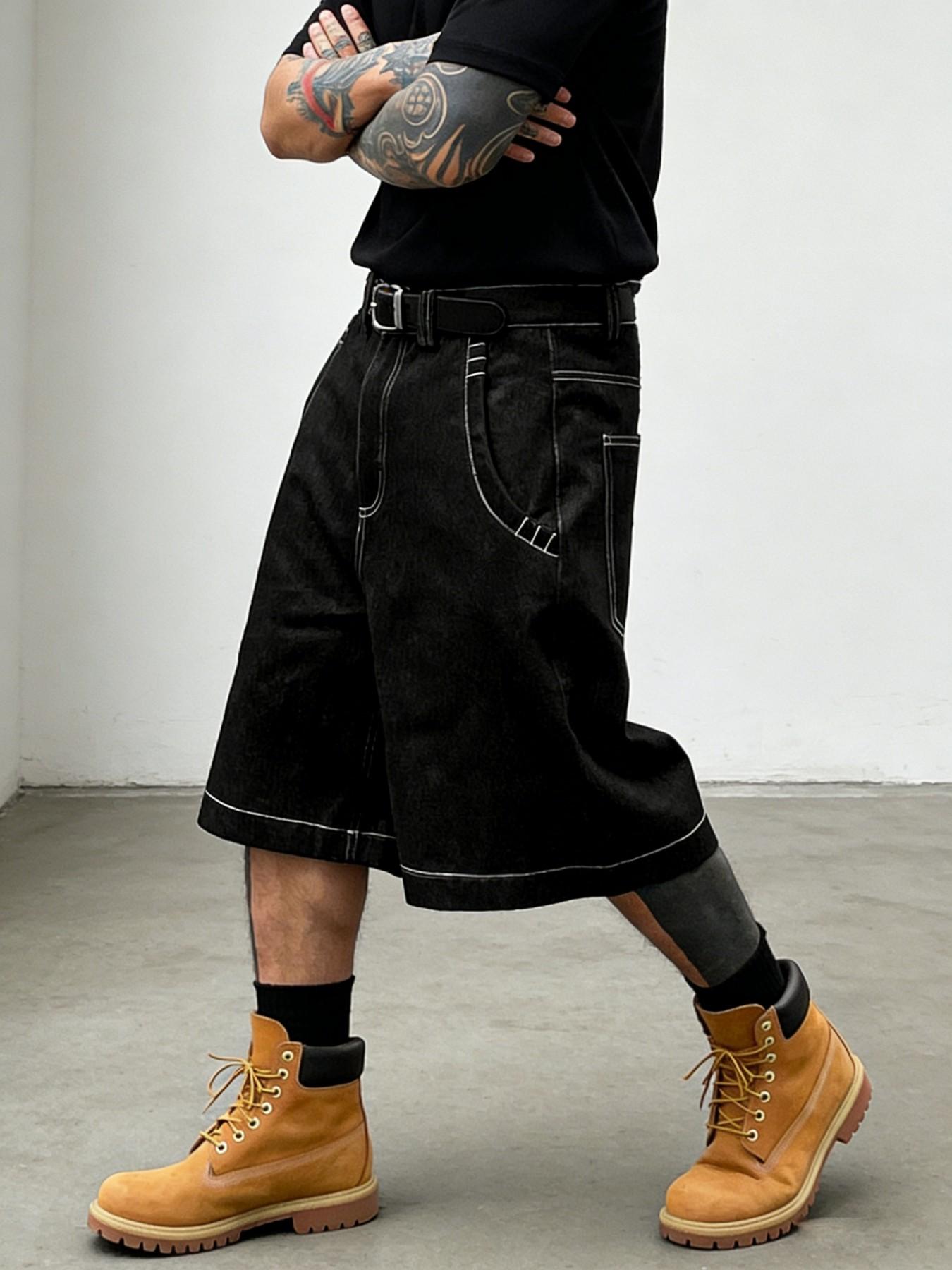 Men/women Loose Fit Wide Leg Denim Jean Bermuda Shorts, Street Style Hip-Hop Embroidered Floral Pants, Zipper Fly Pockets Design