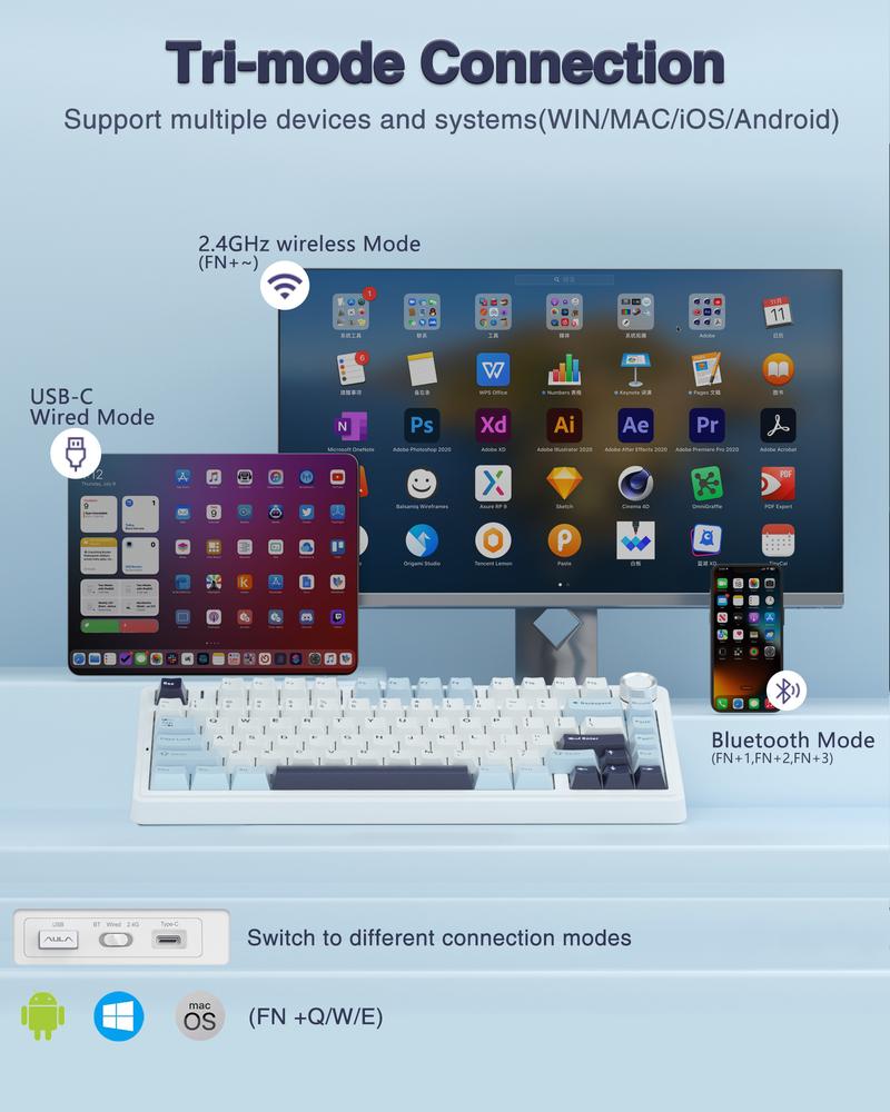 AULA F75 Keyboard 75 percent Wireless Mechanical Keyboard mouse combo, Gasket Hot Swappable Custom Keyboard, Multimedia Scroll Key RGB Rainbow Backlit, creamy keyboard, mouse set office computer volume knob gaming accessory keyboard set