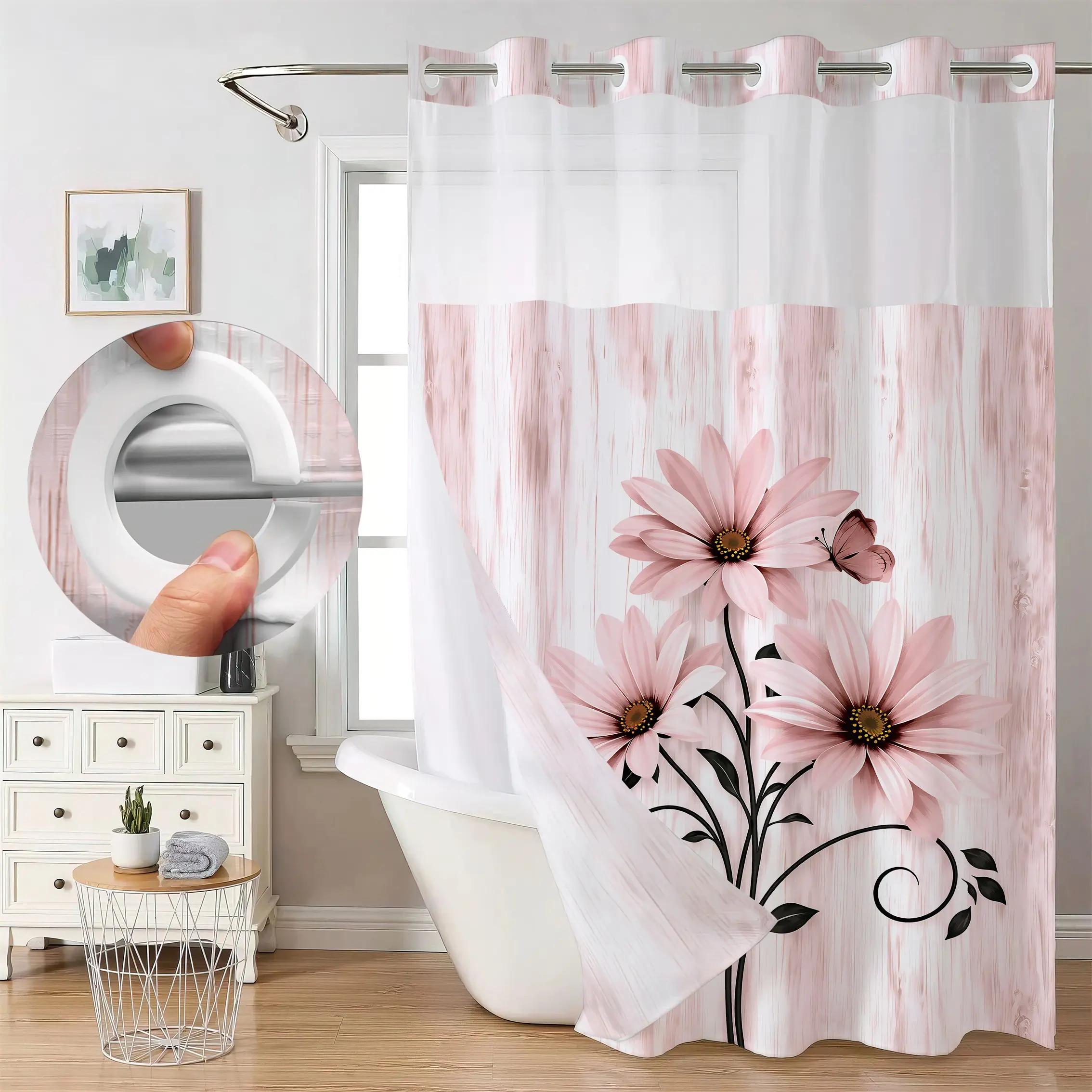 Waffle Bathroom Shower Curtain with Flower Print, Luxury Design, Easy Installation, Durable Waterproof Fabric, Ideal for Home Decor