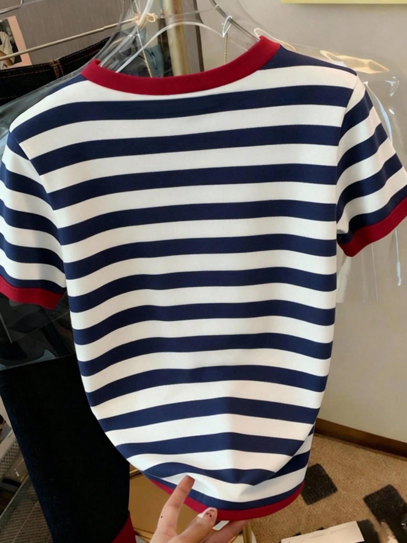 New Summer-Autumn Women's Short Sleeve T-Shirt, Blue- Striped Knit Top, Loose Fit Digital Print, Versatile Outerwear