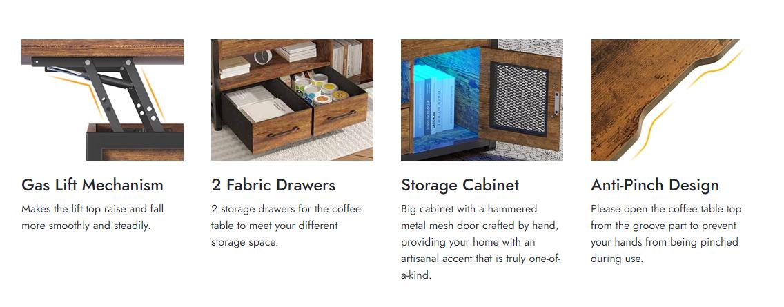 Sikaic 40 Inches 4 In 1 Lift Top Coffee Table With Storage Cabinet 2 Fabric Drawers & LED Light For Dining Room Livingroom Furniture Luxury Modern Interior