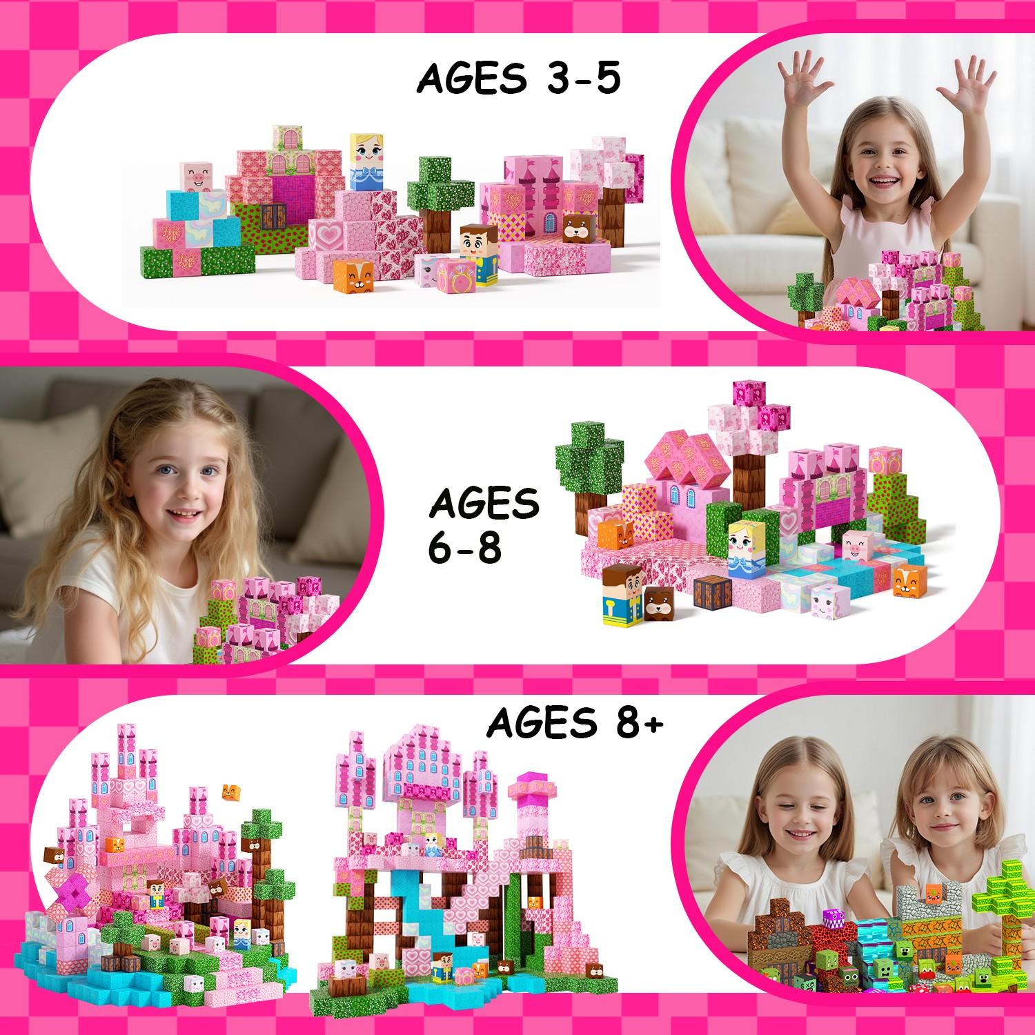 Light Up Magnetic Building Blocks Set 100/150/200 PCS, Pink Princess Castle Theme，Llluminated Magnetic Cubes for Girls & Boys 3+ Years Old, STEM Montessori Sensory Toys for Spatial Reasoning & 3D Construction, Christmas Birthday Gift