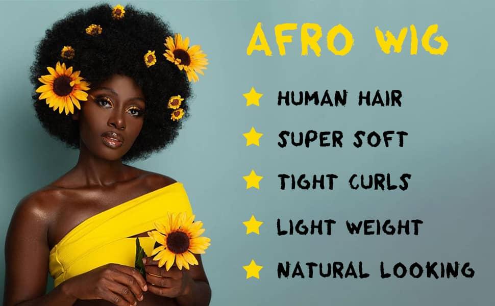 Glueless Wigs Human Hair Short Afro Kinky Curly Blonde Wigs For Women Human Hair Put on & go Soft and Fluffy Glueless Wigs 70s 80s Hair Kinky Curly Wig Cosplay or Daily Use Wigs 180% Density Pixie Curl Work Wig Onetide Hair