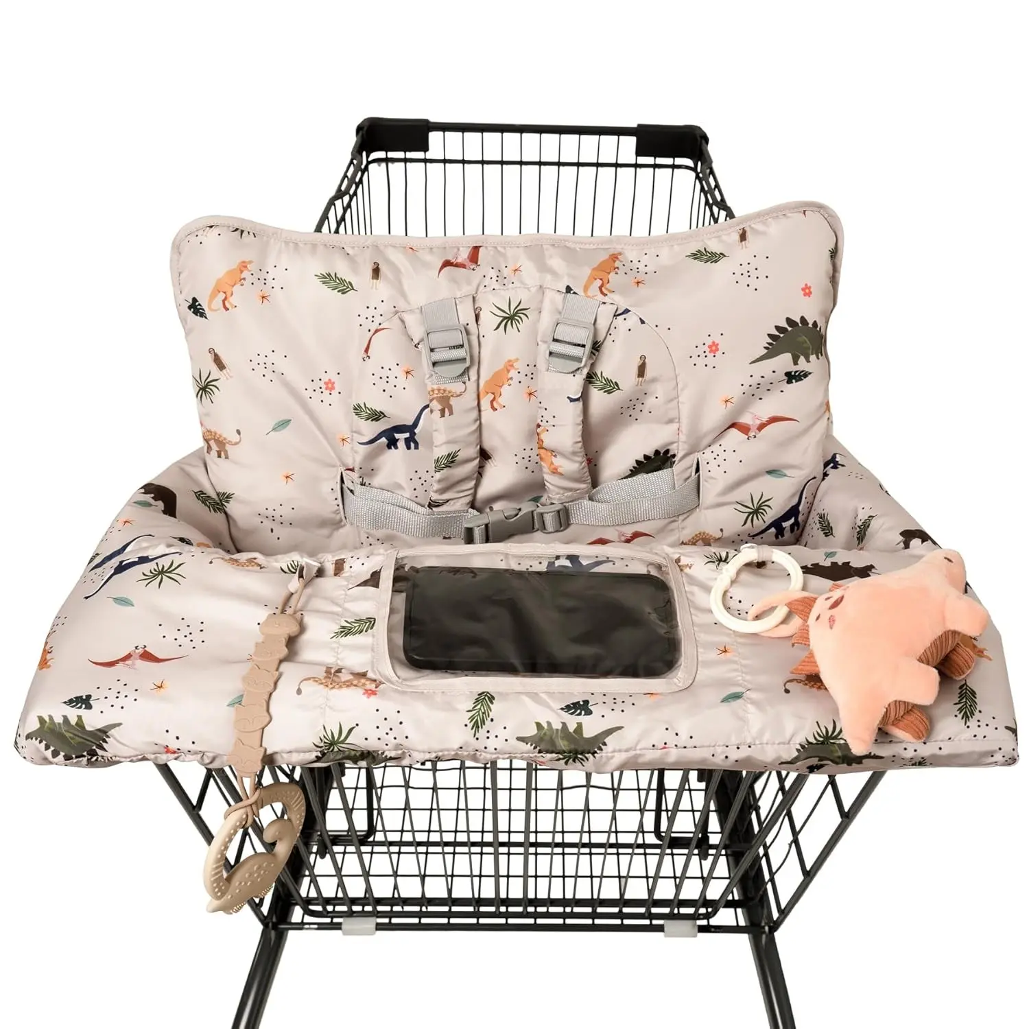 2 In 1 Baby Shopping Cart Cover, Universal High Chair Cover for Restaurant, Comfortable Grocery Cart Seat Cover for Infant & Toddler, Fits Most Shopping Carts, Machine Washable, Dinosaur Pattern