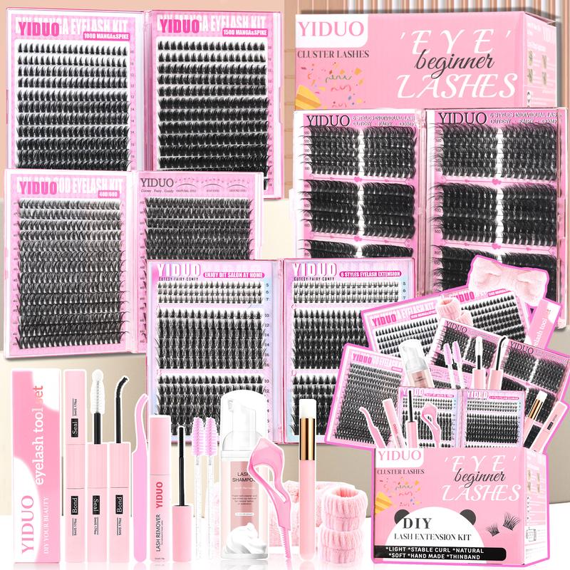 2102pcs/set Mixed Styles Lash Clusters Kit, 13 Styles Fairy A/B, Volume 40D/50D/60D/100D/150D and Bottom Eyelash Clusters Extensions with Bond and Seal, Makeup Tools for Beginners and Proficient, DIY at Home with Eyelash Extension Tweezers