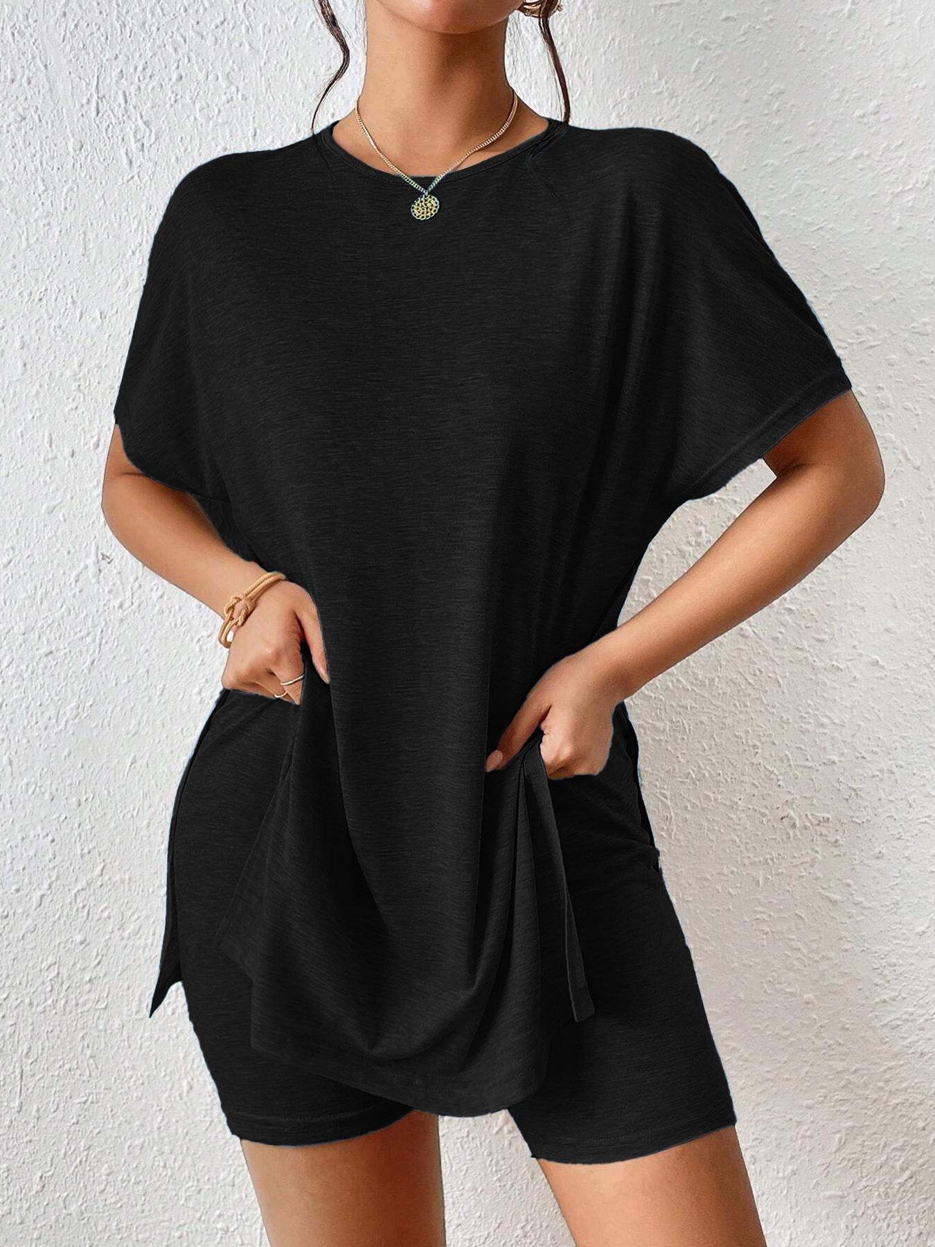 Women's Summer Casual Set, Plain Comfortable Split Two-Piece, Batwing Sleeve Round Neck T-Shirt + Tight Short Pants, Youthful Trendy