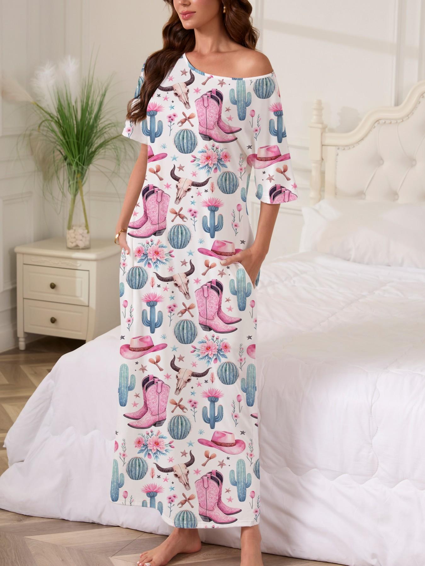 Western Cowboy Cactus Print Nightgown, Women's Casual Loose-Fit Short Sleeve Robe, Comfortable Holiday Party Sleepwear, Side Pockets