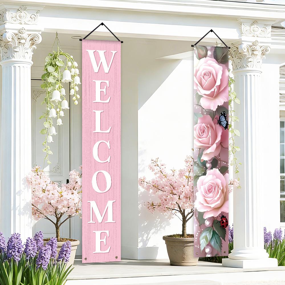 1 Pair 2D Flat Banners, Yard Sign Banner, Spring-Themed Front Door Porch Sign Party Banners with "WELCOME" Lettering, Pink Rose Design, Polyester, Suitable for Spring Parties, Home, Indoor/Outdoor Celebrations, Hanging Decorations