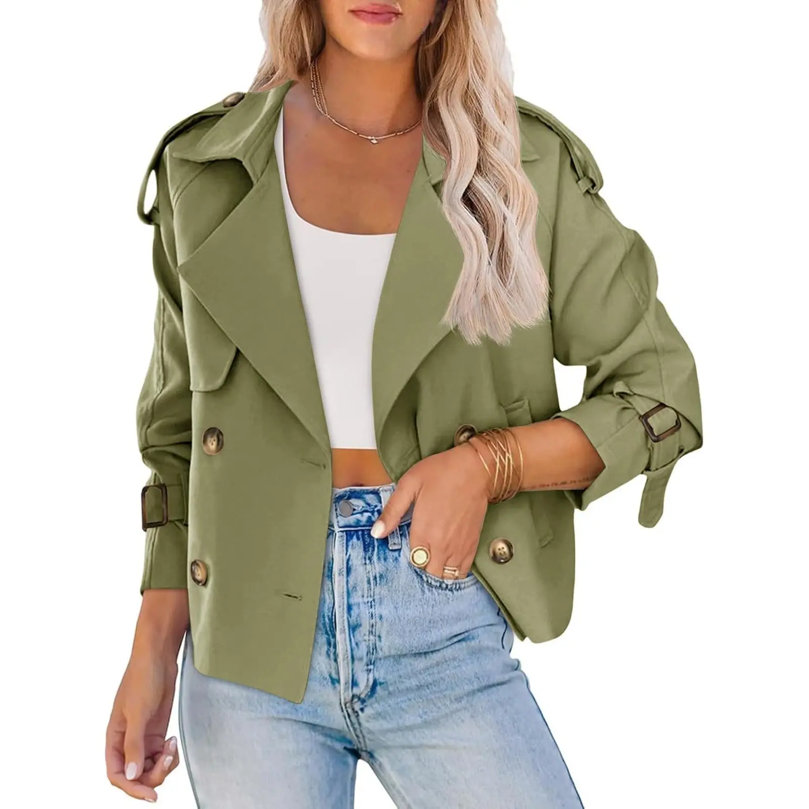 Tankaneo Women's Collared Long Sleeve Double-Breasted Crop Trench Coat - Raglan Sleeves, Pockets, Outerwear for Work Office Clothes