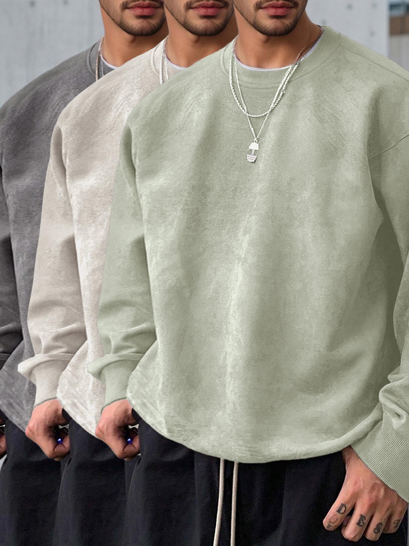 Men's Solid Color Plain Round Neck Drop Shoulder Long Sleeve Fleece Sweatshirt, Casual Fit for Fall & Winter, Comfortable Daily Wear
