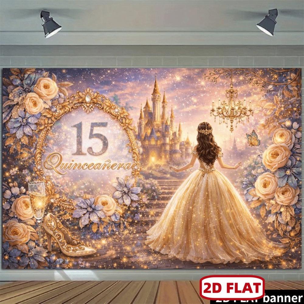 Quinceañza 15th Birthday Backdrop with Golden Number 15, Ornate Floral Castle & Crystal Chandelier - Suitable for Indoor/Outdoor Party Decorations, Photo Background for Quinceañera Celebrations, No Power Required,