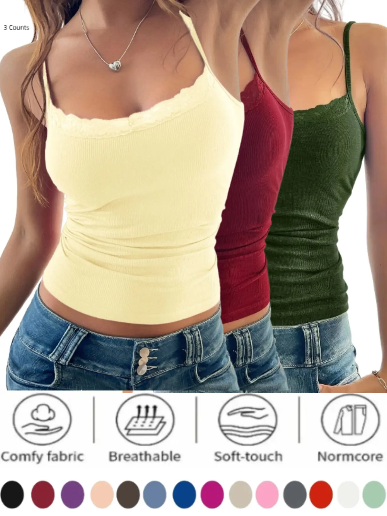 Women 1/3-Pack Lace Trim Ribbed Cami Tops, Sleeveless Spaghetti Strap Basic Layering Tank Tops, Daily Casual Wear