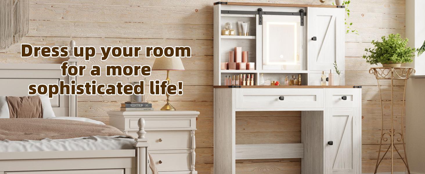 EROMMY Modern Vanity Desk with vanity mirror and Lighted Mirror, Makeup Desk with Jewelry Storage & Power Outlet & Drawers, Dressing Makeup Table for Bedroom. Furniture Wood