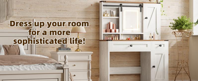 EROMMY Modern Vanity Desk with vanity mirror and Lighted Mirror, Makeup Desk with Jewelry Storage & Power Outlet & Drawers, Dressing Makeup Table for Bedroom. Furniture Wood