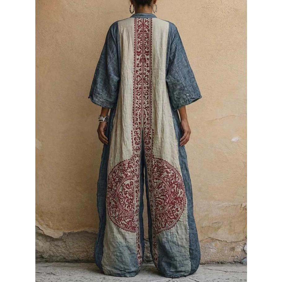 Ethnic Boho romper for Women, Loose Geometric Print Deep V Neck Wide Leg Jumpsuit with Pockets, Vintage Casual Vacation Overalls for Summer, Beach, Resort, Travel and Daily Wear