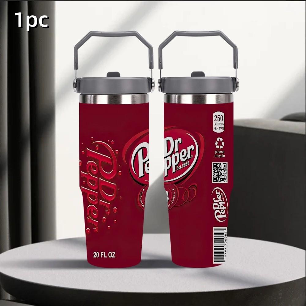 1pc 30oz Portable stainless steel insulated cup, Leakproof Insulated Tumbler, Dr Pepper Theme Car Travel Tumbler with handle and straw, leak-proof lid, school travel cup, insulated coffee cup, Home Office Car Accessory, Holiday Gift