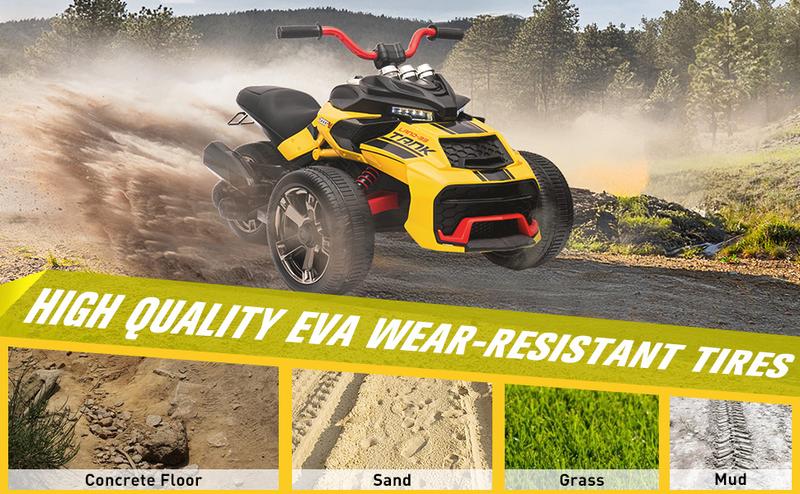 Kids 3-Wheeler ATV Motorcycle XB-3118 12V Electric Ride-On Toy with LED Lights, Bluetooth, MP3, EVA Tires, Spring Suspension, Soft Start for Ages 3-8 Sturdy Handlebars Control Durable Astm Certification Plastic Safety