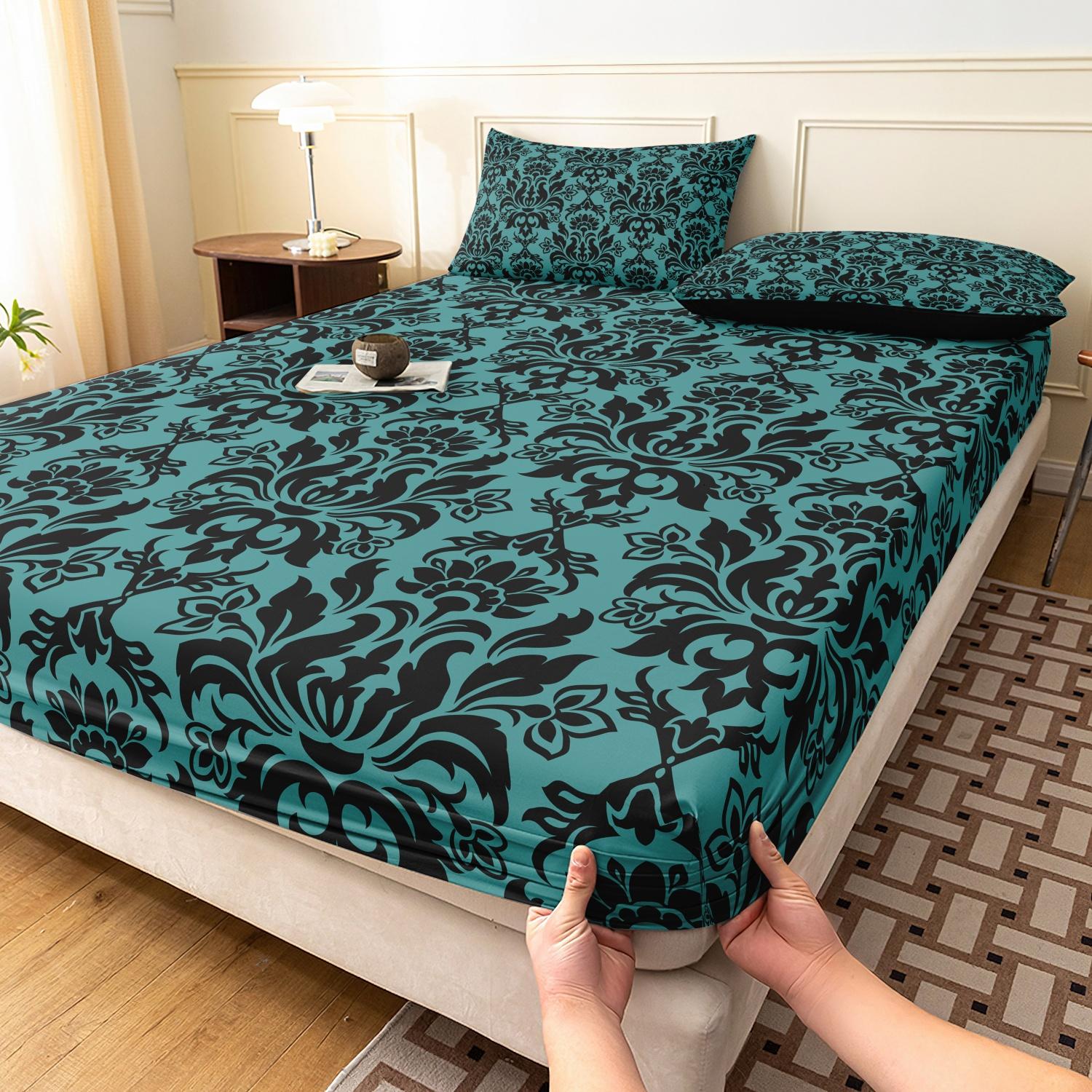 3pcs Fitted Sheet Set (1 Fitted Sheet + 2 Pillowcases, Pillow Core Not Included), Home Dormitory High-Definition Printed Black Pattern Fitted Sheet