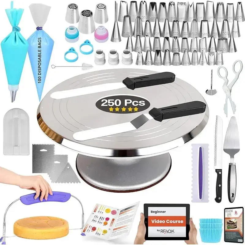 Durable 250 PCs PLL Aluminum Alloy Cake Decorating & Baking Tools Kit - 12" Solid Metal Rotating Turntable, 48 Numbered Tips, Russian Nozzles, Spatulas, Leveler, Heavy-Duty Steel Supplies for Home Use, Wedding, Birthday Cake Dessert Making