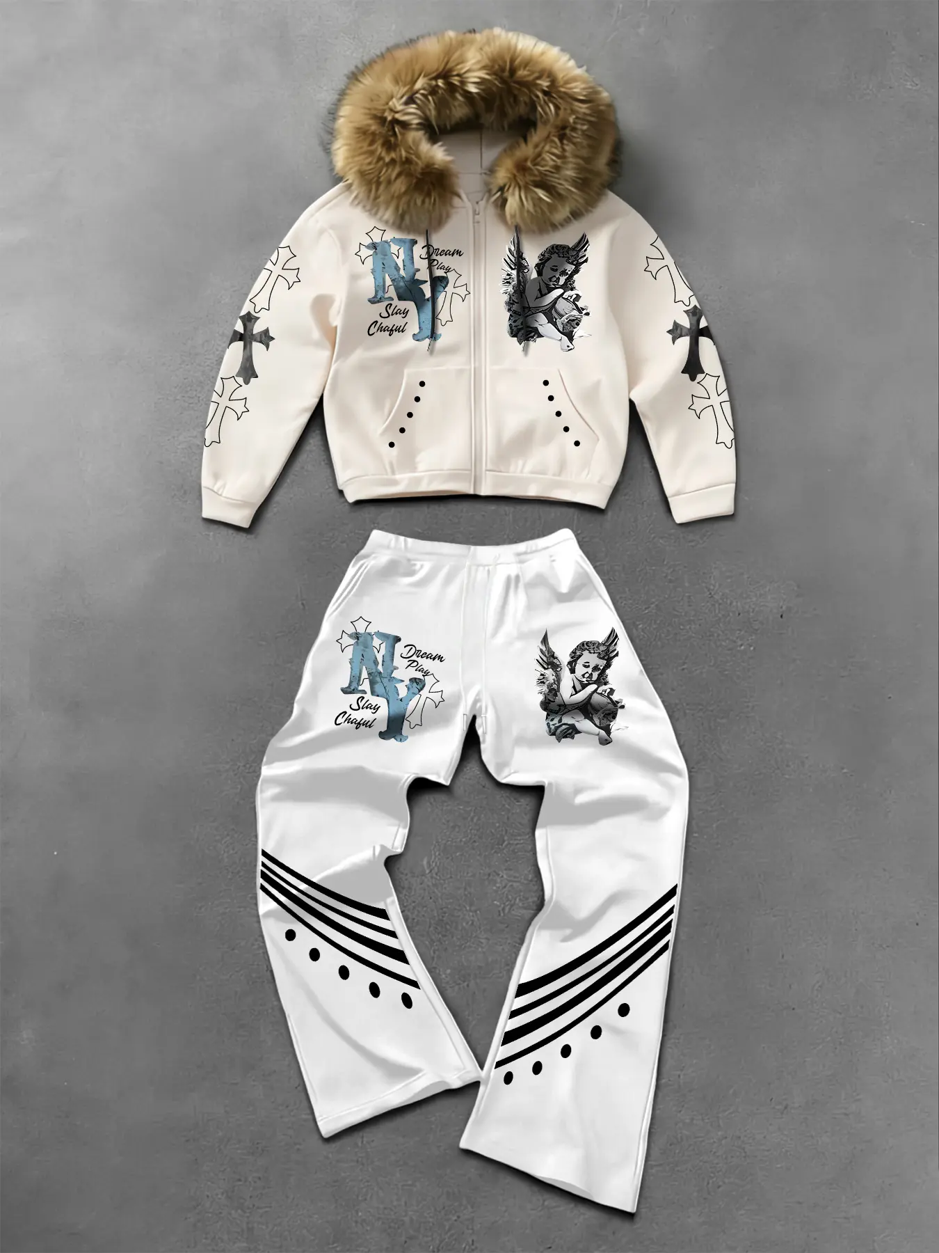 Men's Fall Winter Vintage Angel Print Faux Fur Collar Set, Street Style Cool Cross Rivet Two-Piece, Casual Fashion