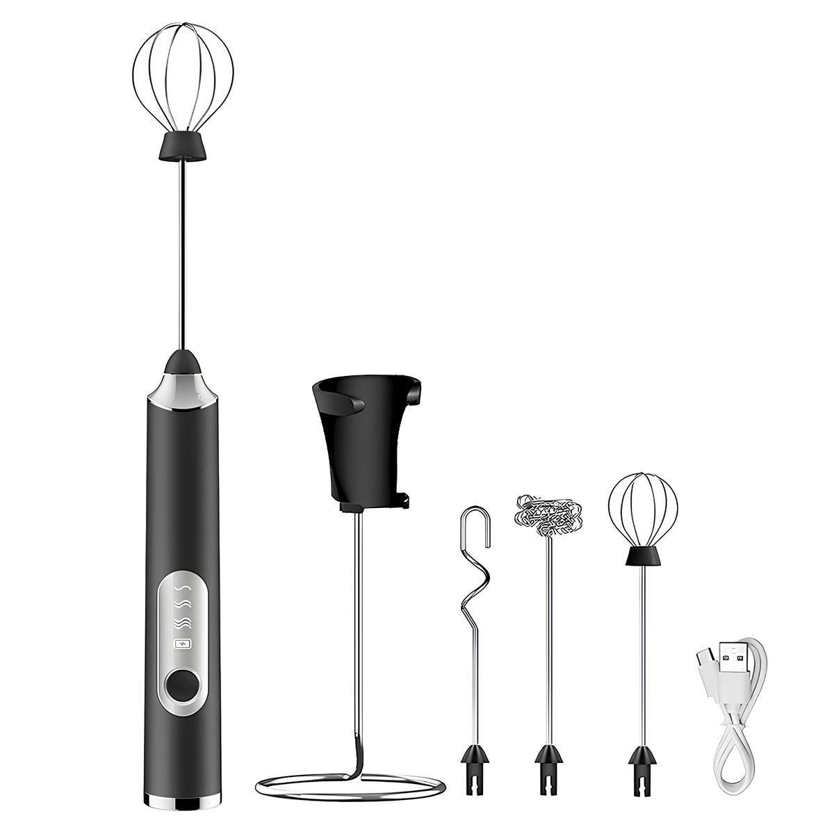 Milk Frother Handheld with 3 Heads, Mix Fruit juice powder, Electric Whisk Drink Foam Mixer with USB Rechargeable 3 Speeds, Mini Frother for Coffee Latte, Cappuccino, Hot Chocolate, Egg