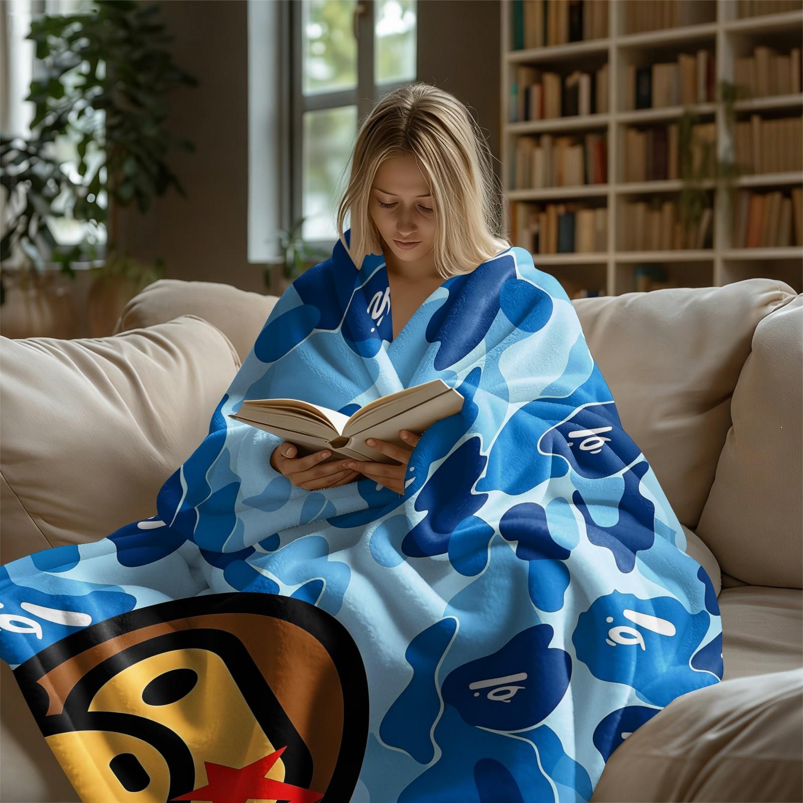 Blue Camouflage Cartoon Ape Red Star Lightning Bolts Flannel Blanket, Soft and Lightweight Durable, Ideal for Bedroom Dorm Gaming Room Decor, Sofa Throw Cover, Office Nap Mat, Car Cover Blanket and Cool Gift
