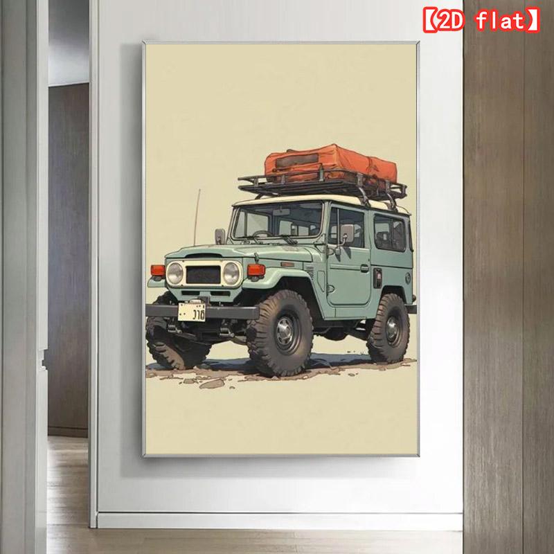 2D flat large best-selling decorative painting, off-road vehicle with luggage, ready for adventure. Canvas painting without frame, suitable for living room, office, indoor background decoration