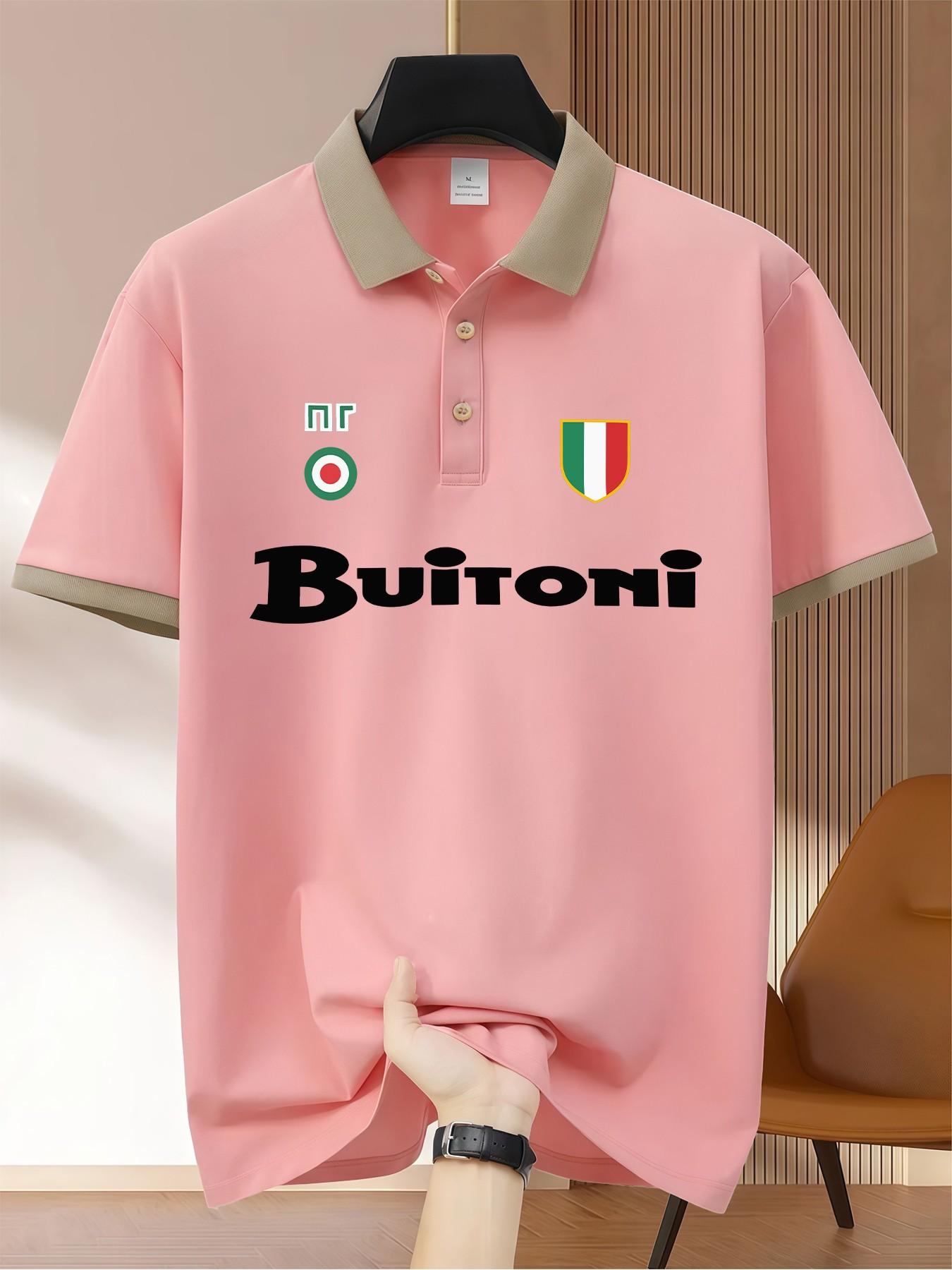 Buitoni Italian Flag Shield Vintage Print Polo Shirt, Business Casual Men's Short Sleeve Knitwear, Daily Commute Office Wear Top