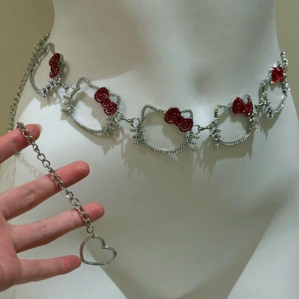 Sweet and cool girl cat waist chain, Y2K babe style metal belt with glittering diamonds, fashionable and unique accessory for skirts.