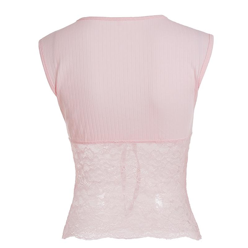 V-Neck Lace Crop Top, Sleeveless, Cute Y2K Style, Adjustable Tie, Transparent Design, Spring Summer Essential, Casual Wear