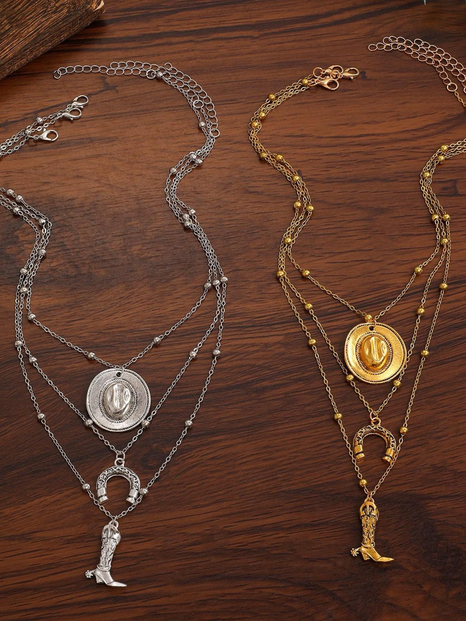 3-Layer Retro Alloy Western Cowboy Necklace Set, Stylish Layered Design, Perfect for Western, Durable Alloy Material