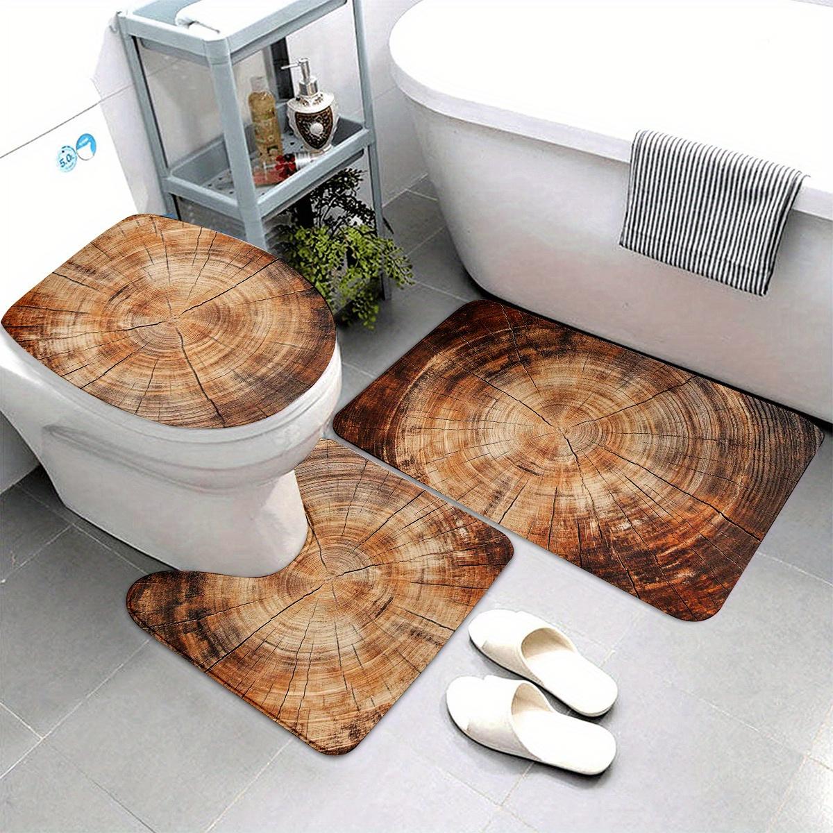 3pcs Bathroom Anti Slip Pad Set, Brown Tree Stump Annual Ring Print, Soft Flannel, Non Slip Bathroom Mat, U-Shaped Toilet Mat, Toilet Lid Mat, Bath Mat Rug, Fashionable Modern Design, Versatile Home Decor, Bathroom Decor/Accessories