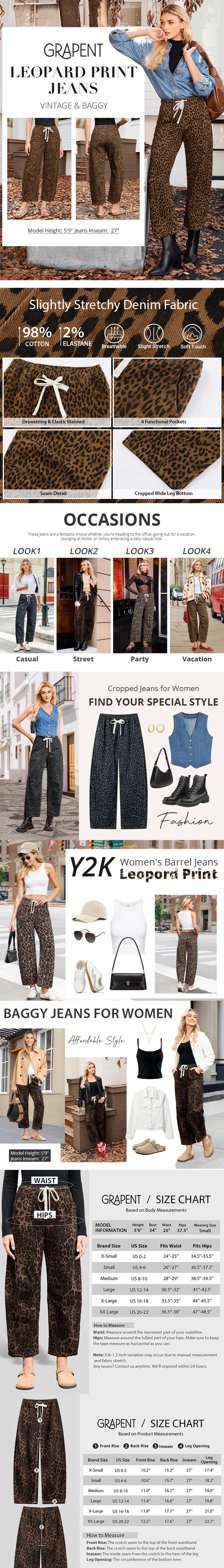 GRAPENT Barrel Jeans for Women Trendy High Waisted Pull On Wide Leg Cropped Leopard Cheetah Print Stretchy Denim Pants Womenswear Bottoms