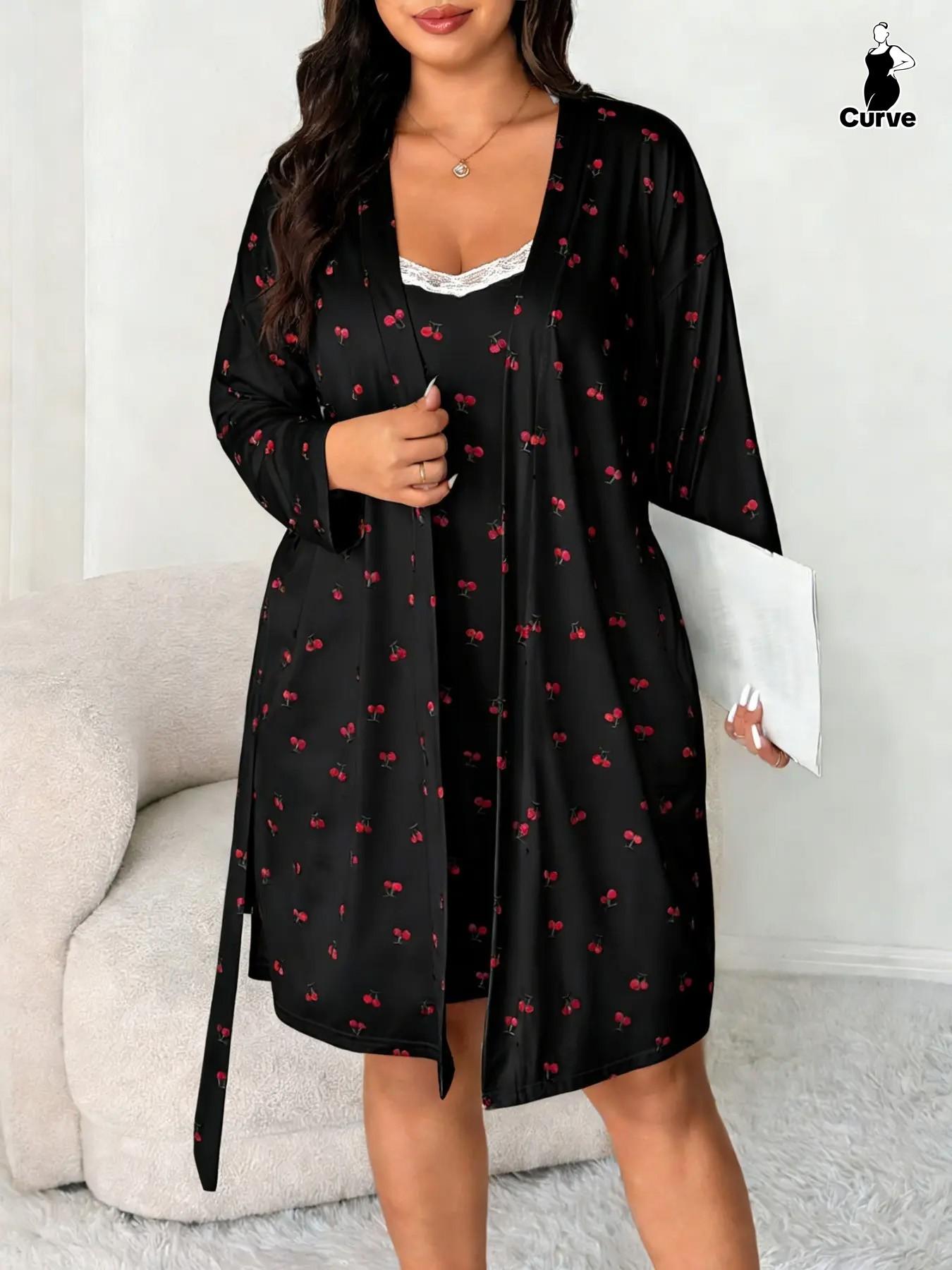 Plus Size Cherry Floral Lace Halter Dress + Long Sleeve Sleepwear Set, Sweet Casual Home Wear, Fitted Summer