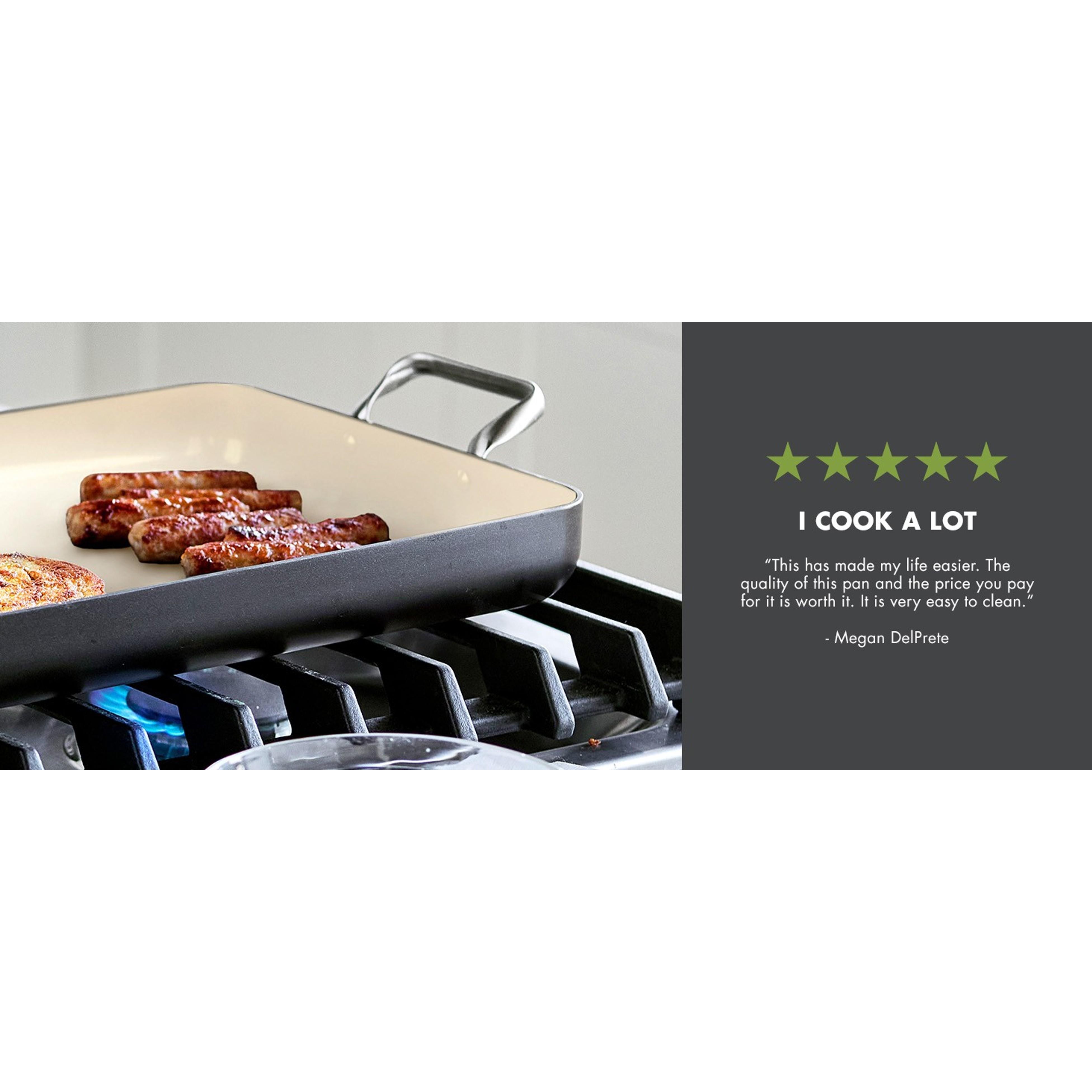 GreenPan Thick Rectangular 18in x 11in Double Burner Hard-Anodized Aluminium Griddle Cookware, Healthy Ceramic Nonstick PFAS-Free, Stainless Steel Handles, Stovetop Cook Use, Dishwasher-Oven-Broiler Safe, Black