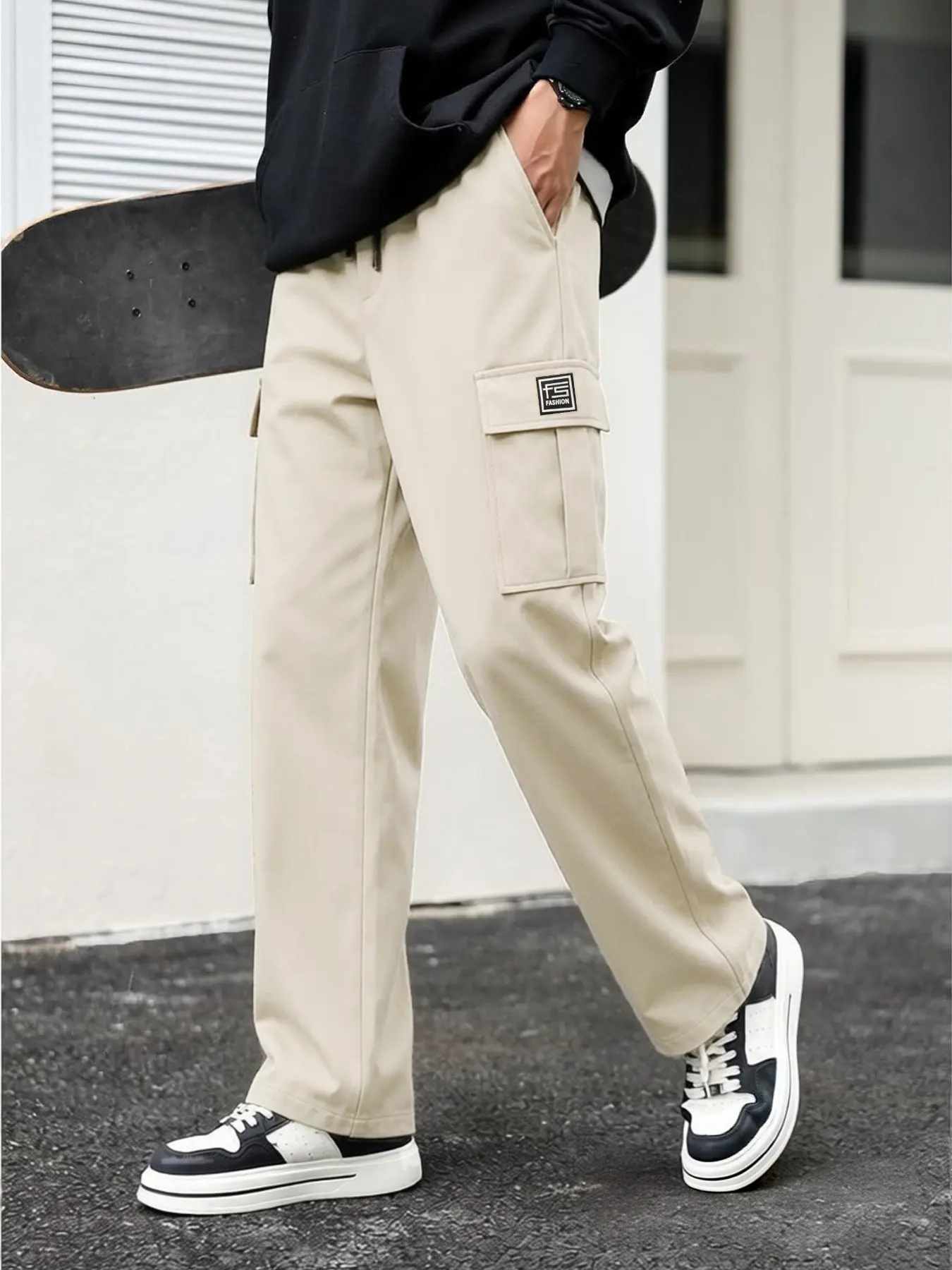 Streetwear Men's Work Pants, Drawstring Elastic Waist, Loose Straight Leg, Multiple Pockets, Casual Long Pants for Everyday Wear, Adjustable Waist Pants