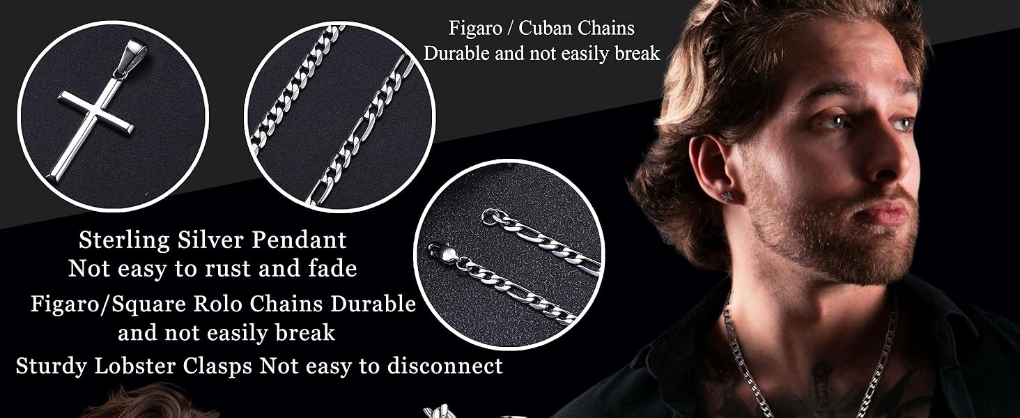 925 Sterling Silver Cross Necklace for Men Women Durable Stainless Steel Figaro Link Cuban Chain Crucifix Pendant Necklace Jewelry 2pcs Length Chains