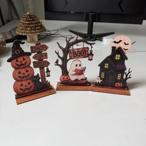 3-Piece Vintage Halloween Wooden Indoor Decor Set, Fall Decoration, Retro Wood Blocks, Ghost, Cat, Pumpkin, Ideal Halloween Gift, Vintage Plaque Decor