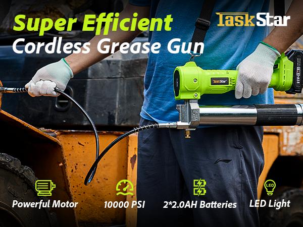 Electric Grease Gun Tool, TaskStar 10000 PSI Cordless Grease Gun with 39.4”Flexible Hose,2 Batteries and Charger, Super Bright LED Light, Green Grease Gun for Trucks, Farm Machine