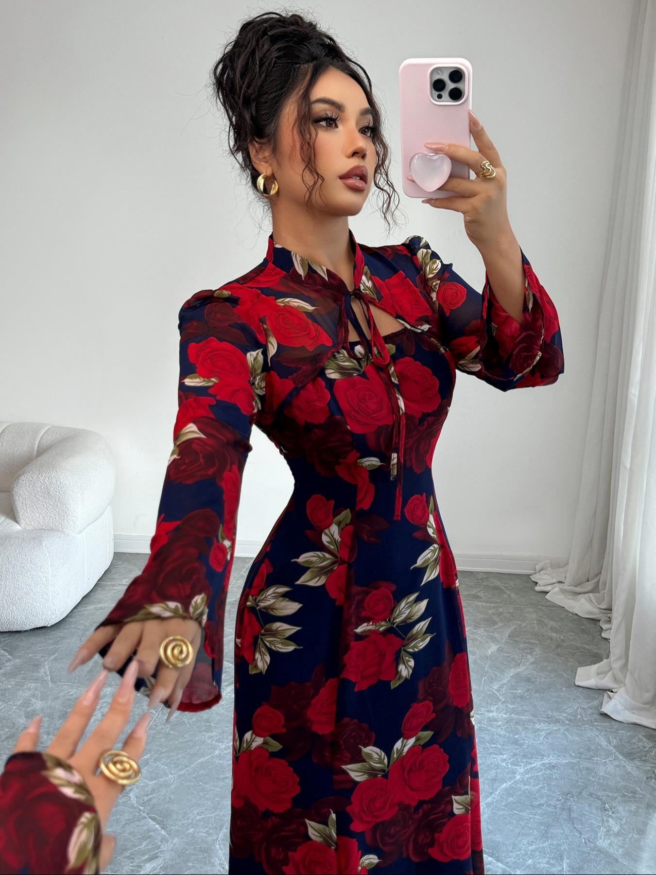 Fashion Elegant Floral Print Stand Collar Tie Waist Long Dress, Fitted Long Sleeve, Fall Season, Womenswear