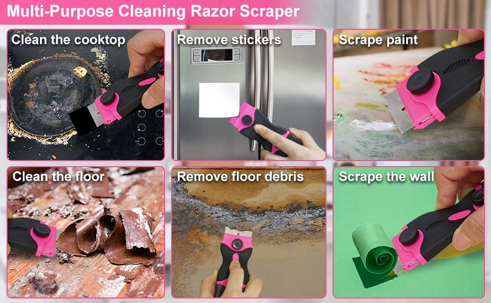 THINKWORK Pink Razor Blade Scraper Tool, Cleaning Razor Scraper for Glass, Glass Top Stove Scraper for Oven Door, Razor Scraper Gift for Women, 2-in-1 Scraper Tool Set with 20Pcs Razor Blades for Removing Window Labels (2 Pack)