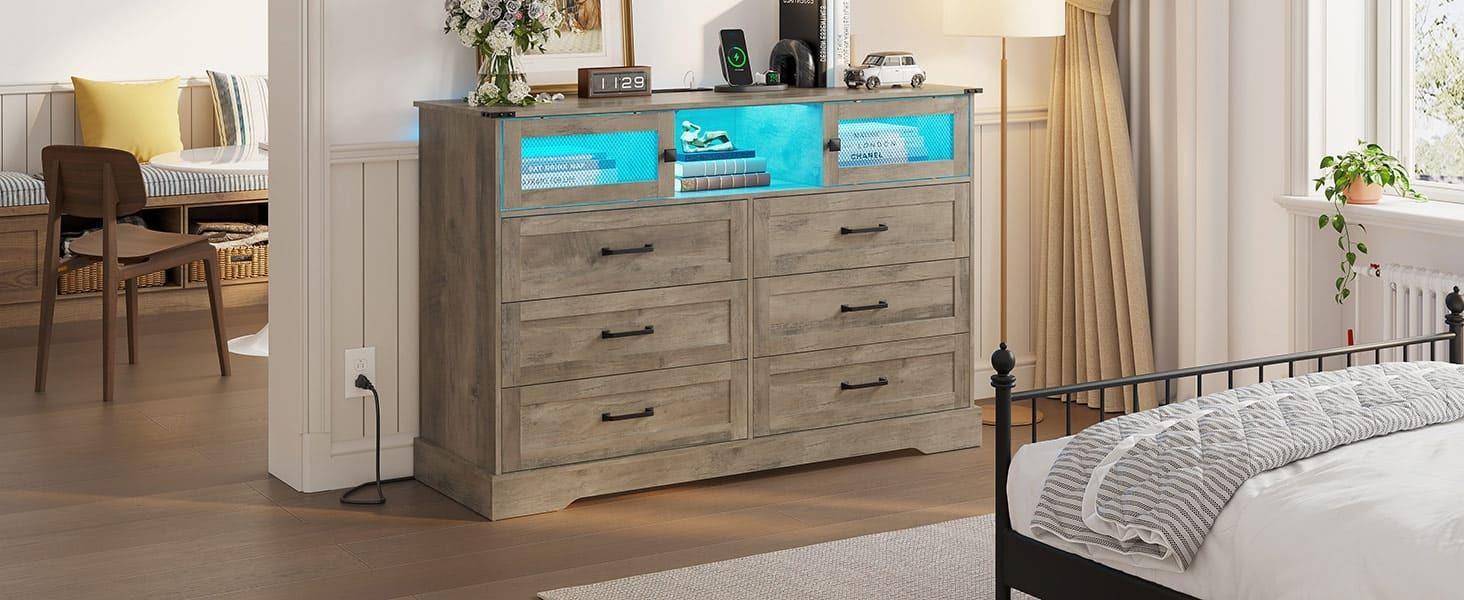 Sikaic 6 Drawers LED Dresser with Outlets Rustic Wood Top Cabinets