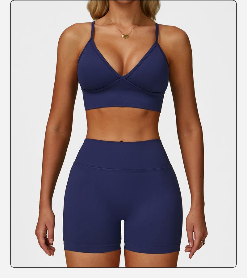 Women's 2 Piece Seamless Yoga Workout Set High Waisted Shorts Sports Bra for Exercise Athletic Breathable Lightweight Compression Activewear Pilates Gym Outfit with Hollow Square Back and Curved Rear Hip