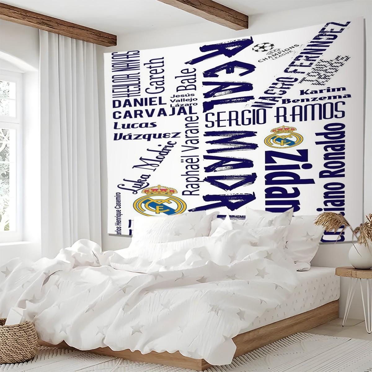 Real Madrid CF Tapestry Wall Hanging, Soccer Team Champions League Themed Wall Tapestry, Sports Fan Room Decor, Dorm Bedroom Living Room Man Cave Wall Art Decoration, Perfect Gift for Football Fans
